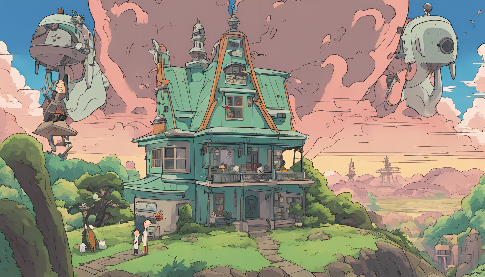 Rick and Morty in whimsical Studio Ghibli-inspired art.