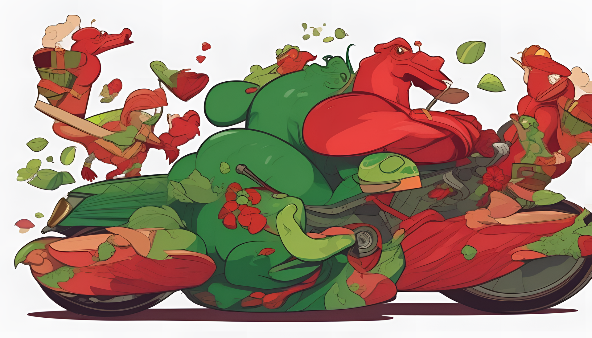 Colorful cartoon illustration with a mix of red and green hues.