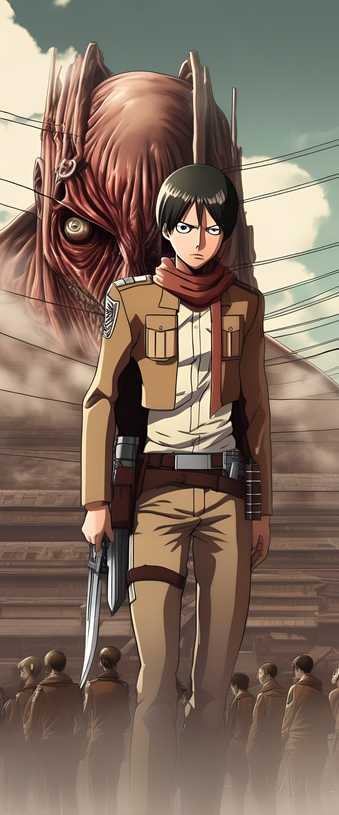 Colorful Attack on Titan wallpaper with comical characters in action.