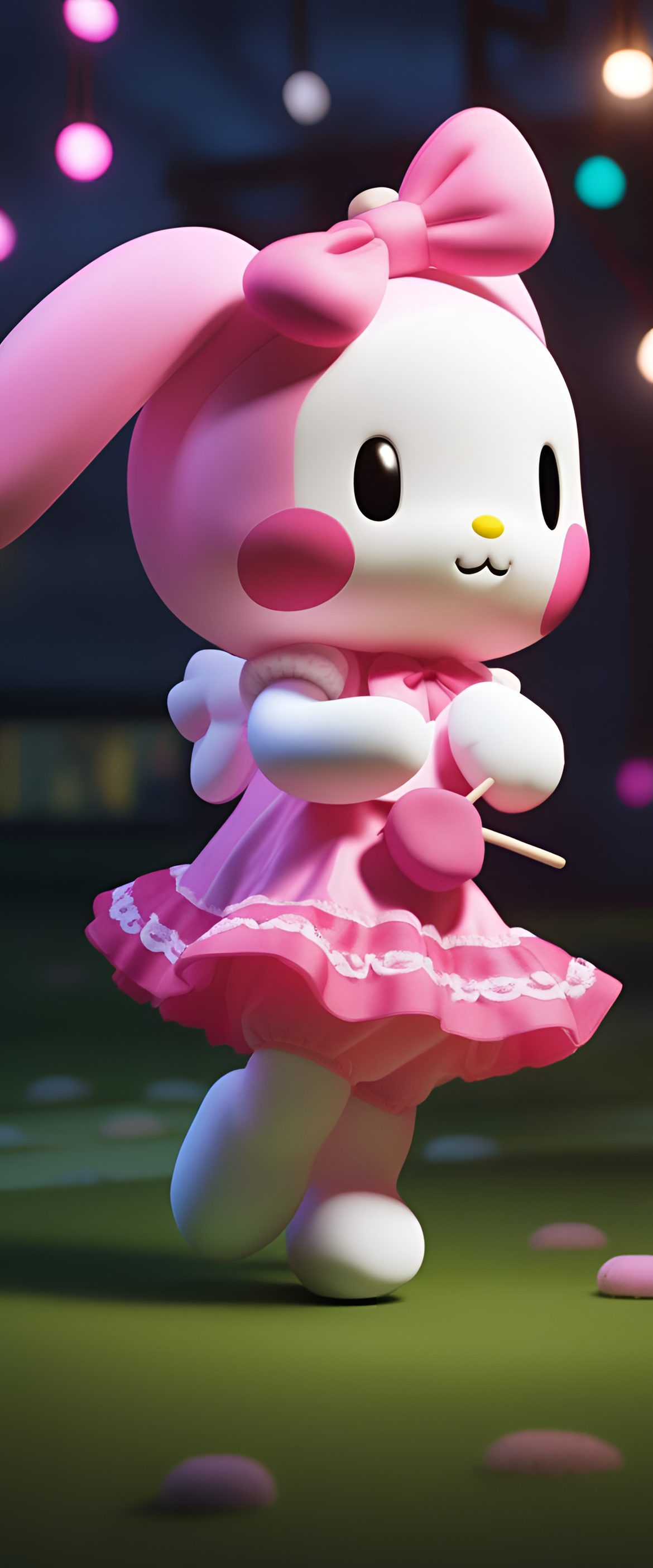 Cinematic lighting illuminates a charming My Melody phone wallpaper.