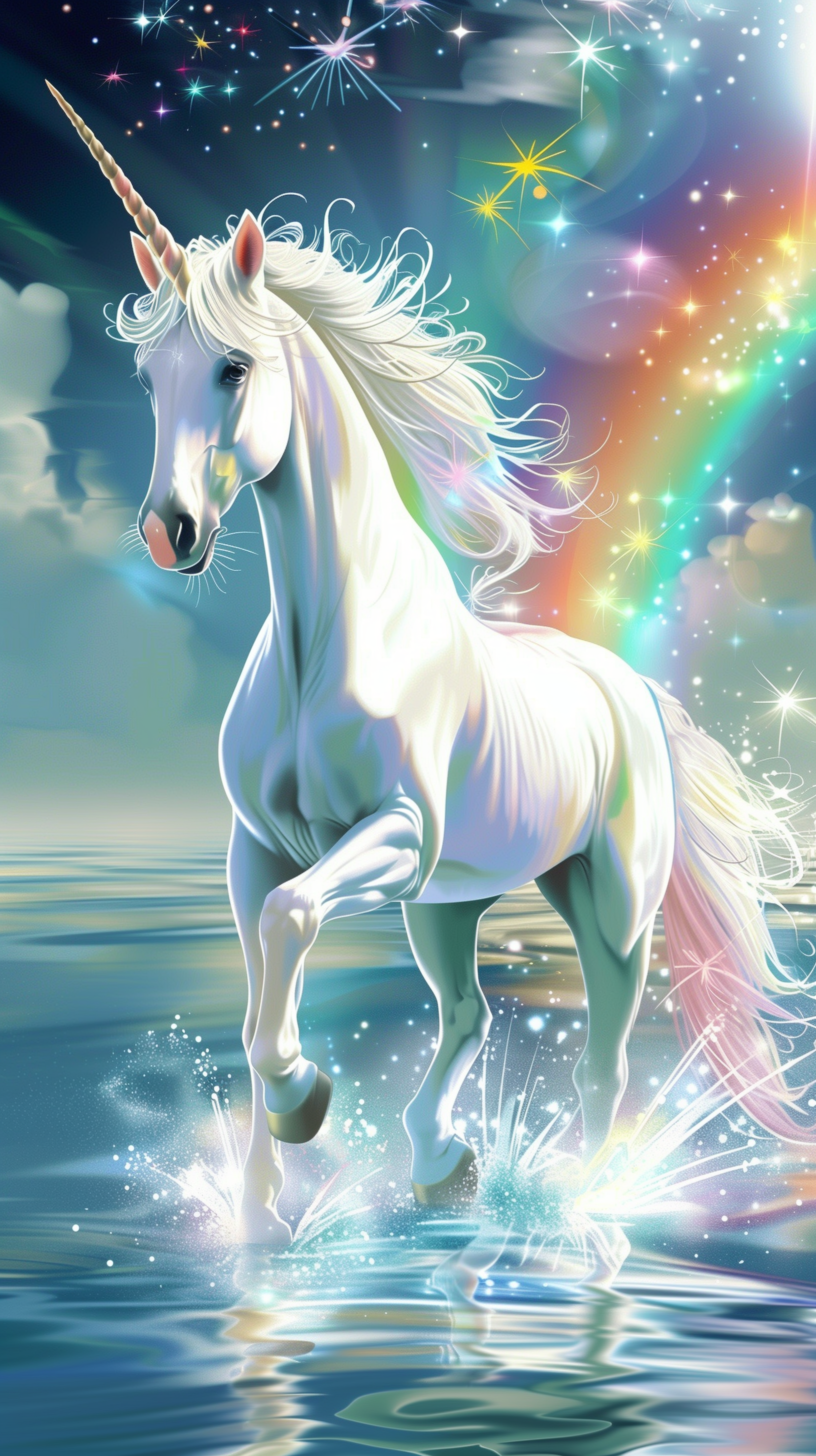 A majestic unicorn with a glowing mane stands in water under a vibrant rainbow with sparkling stars, set against a dreamy, ethereal background. HD Phone/iPhone Wallpaper.