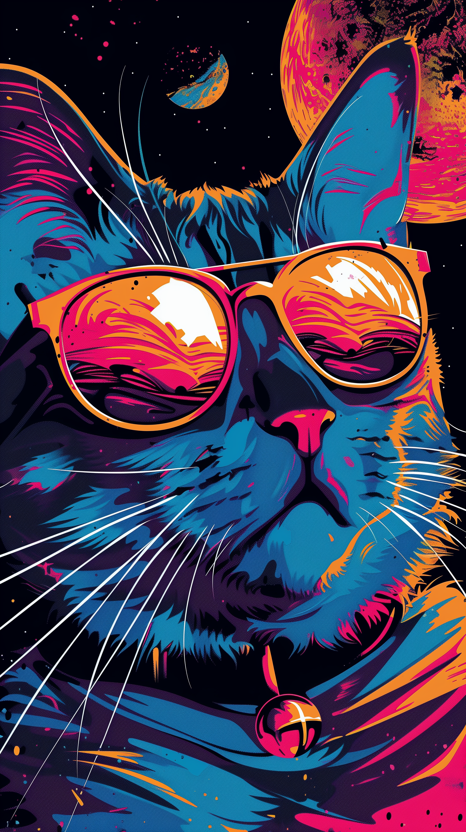 Vibrant illustration of a cool cat wearing sunglasses, set against a cosmic background. Perfect as an HD wallpaper for iPhones.