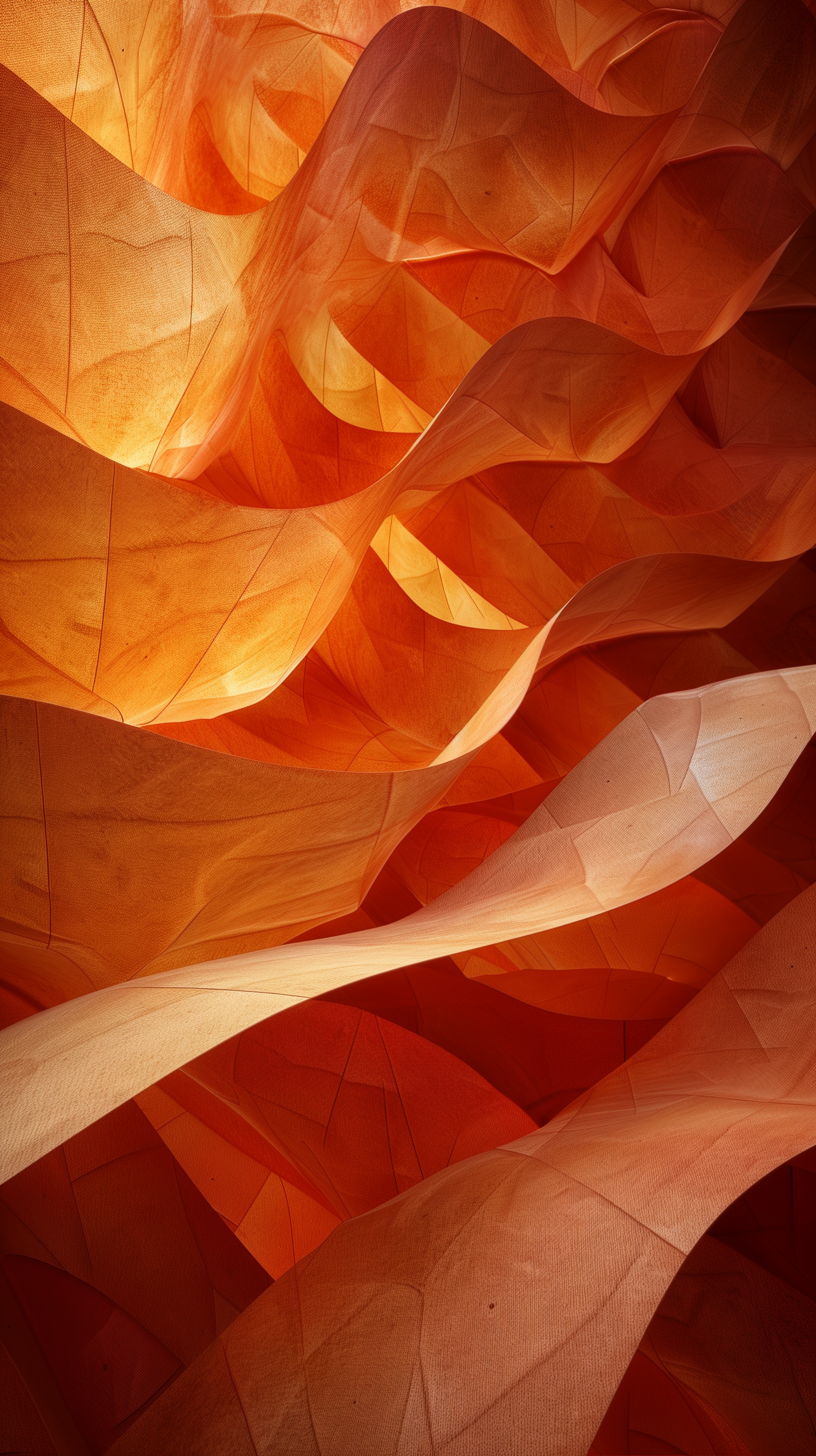 An abstract artistic image featuring flowing, wavy shapes in warm shades of orange and subtle lighting, creating a dynamic and textured visual effect.