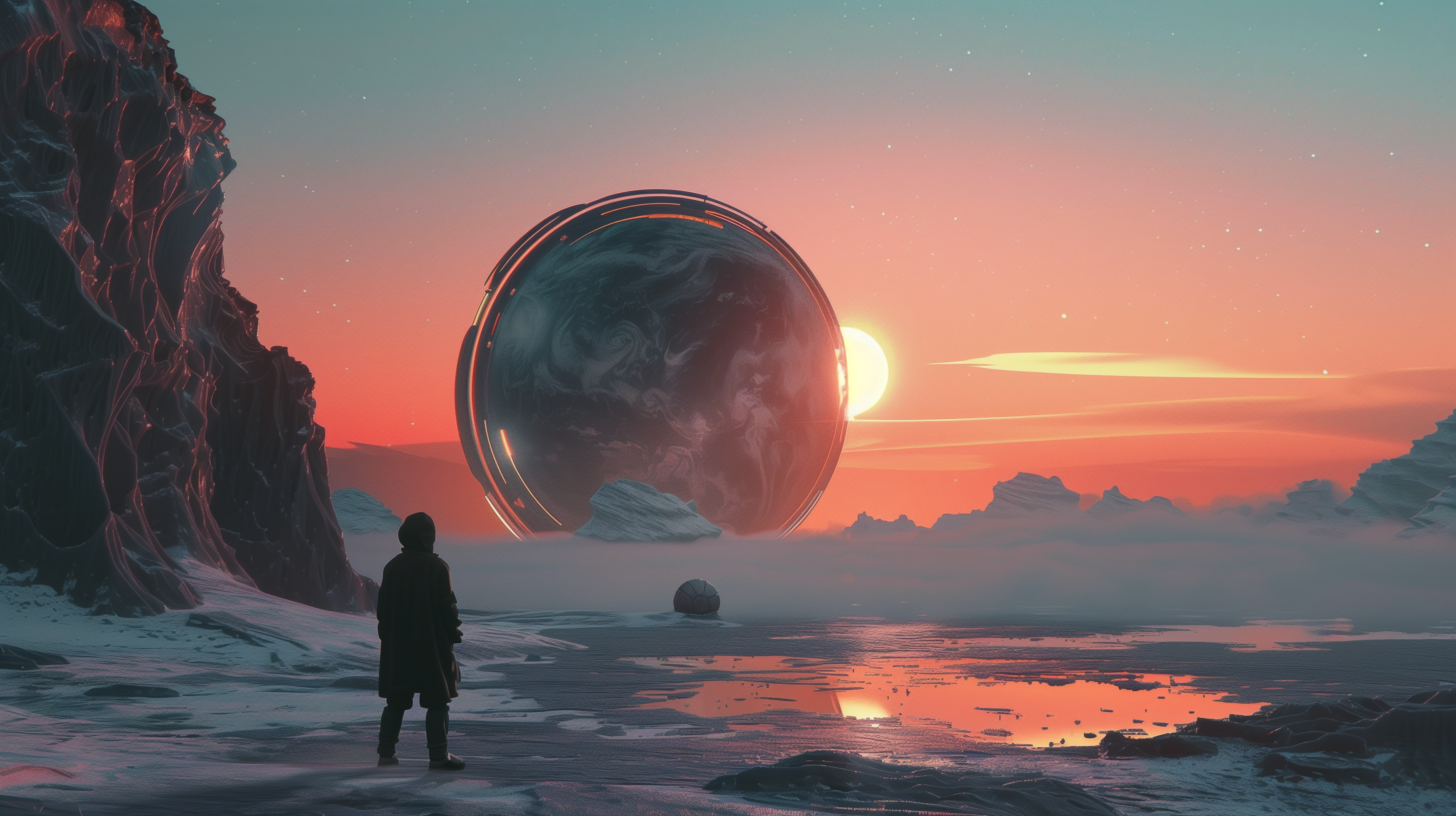 A figure stands before a gigantic, glowing portal on an alien landscape, with a surreal sunset sky in the background. The scene is otherworldly and captivating, capturing the essence of sci-fi adventure.