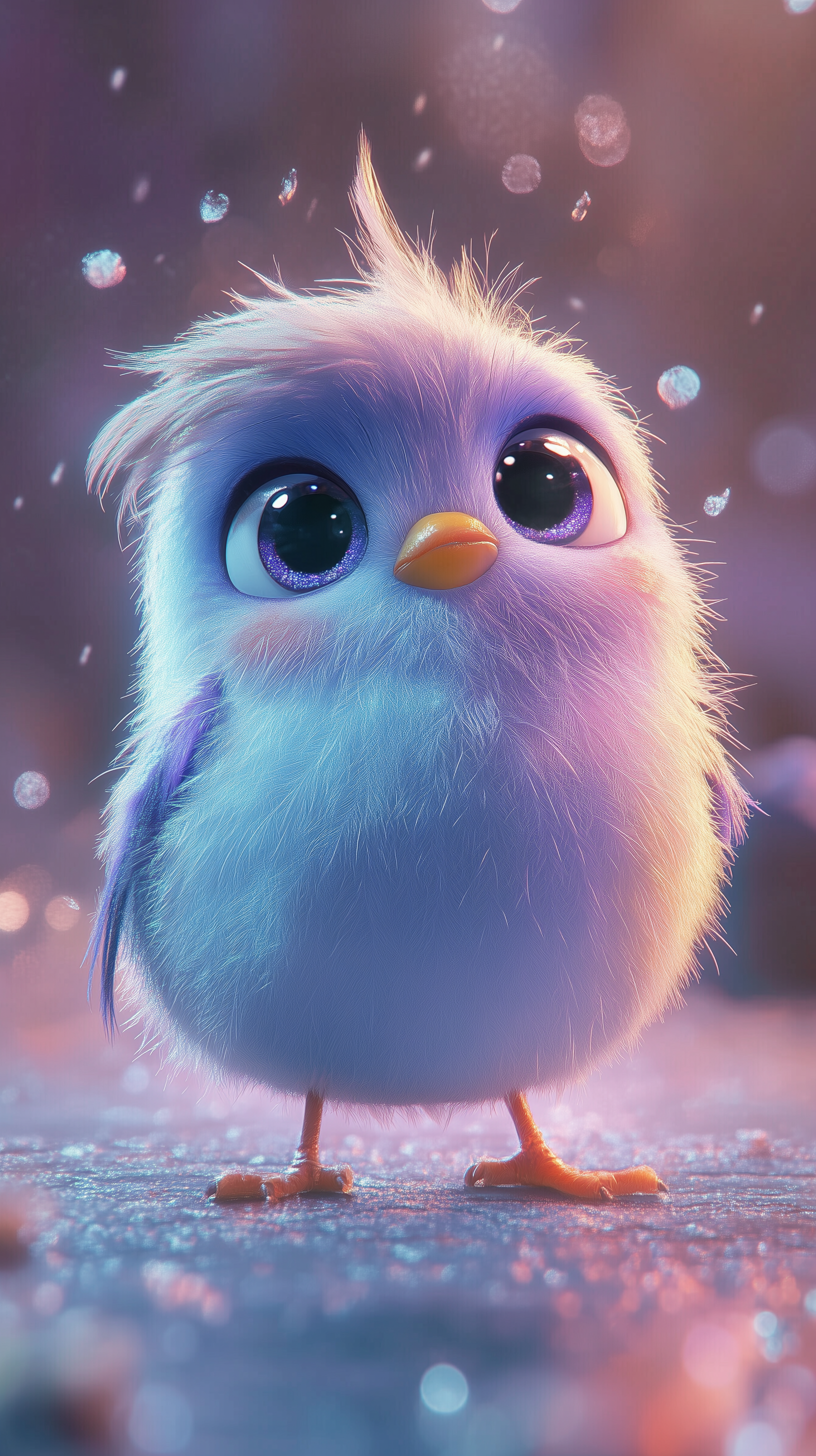 A cute, fluffy bird with large, expressive eyes stands in a softly lit setting, surrounded by gentle sparkles, creating a charming and whimsical atmosphere.