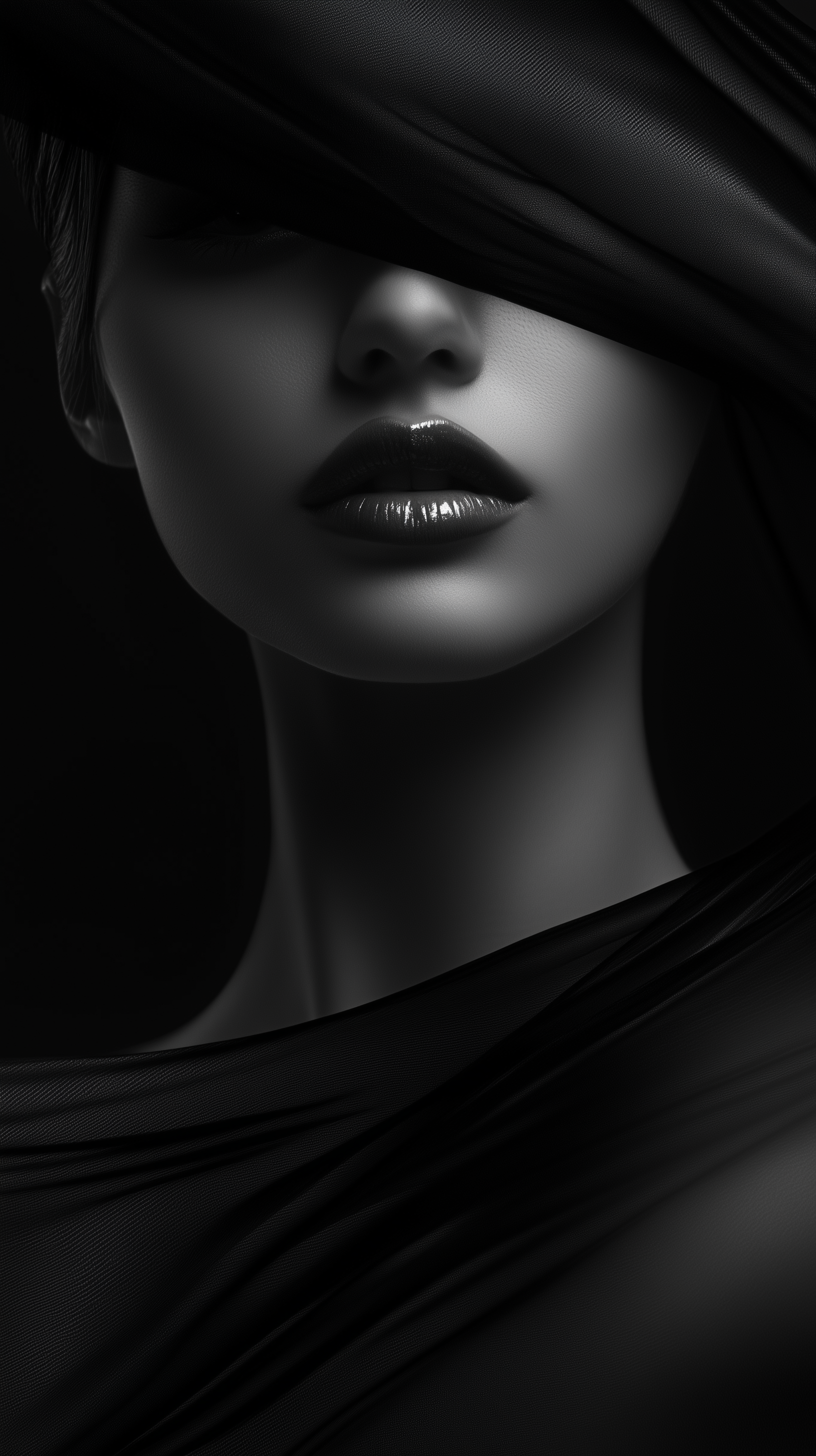 A close-up of a woman’s face partially obscured by flowing black fabric, highlighting her glossy lips and smooth skin in a dramatic black and white composition.