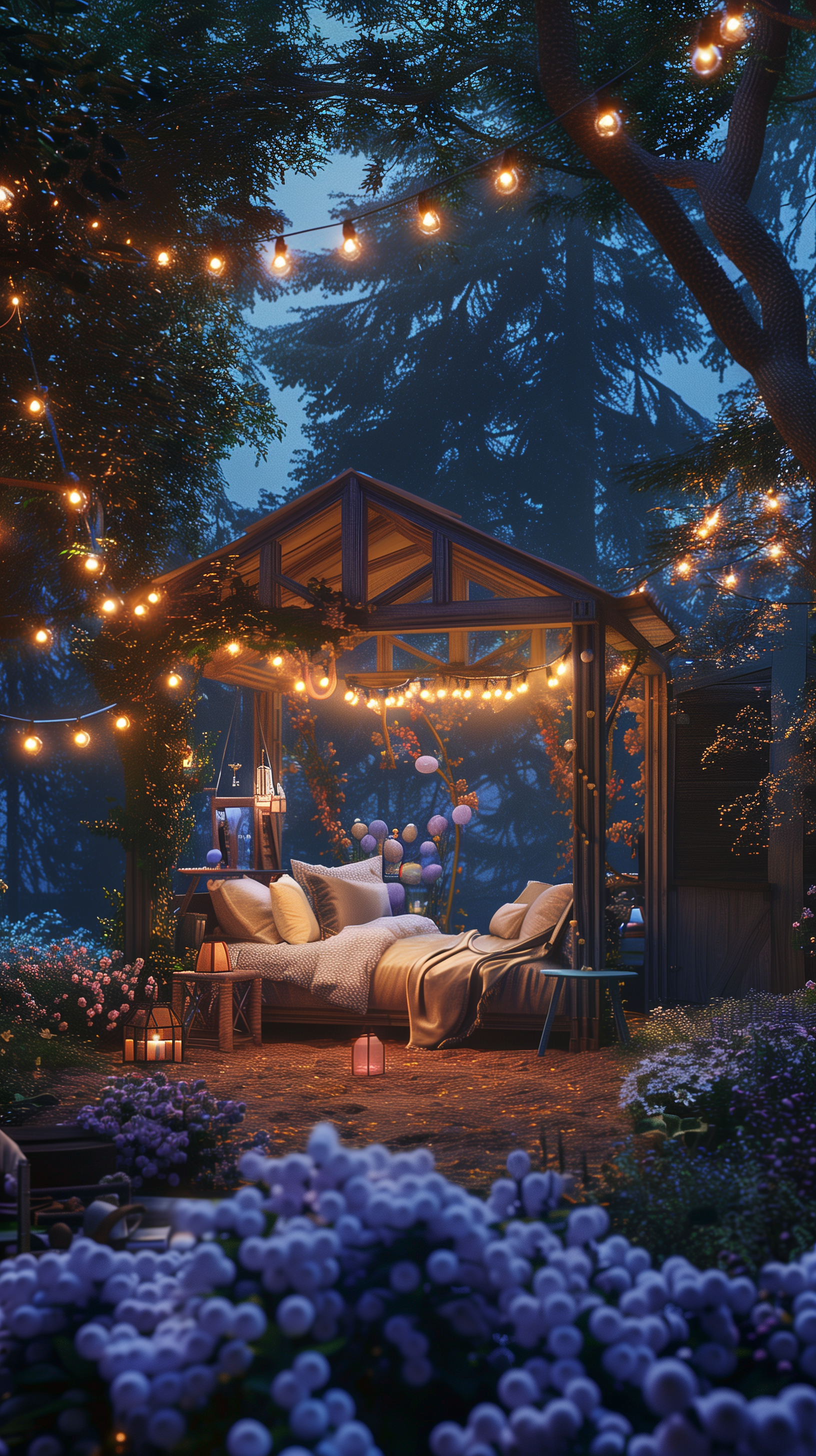 A serene backyard scene with a cozy gazebo adorned with string lights and surrounded by lush flowers, creating a romantic atmosphere. Perfect as an HD phone/iPhone wallpaper.