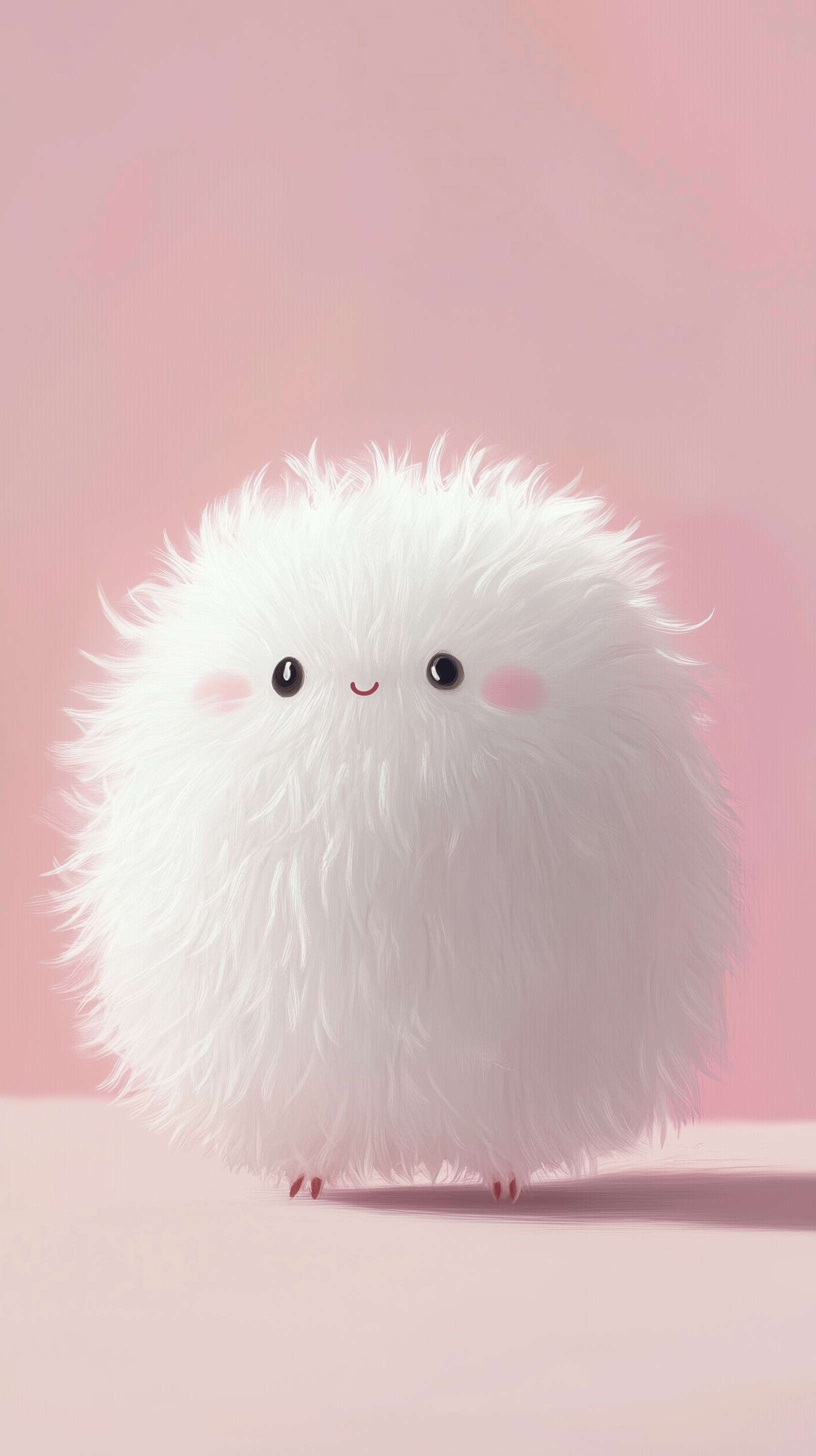 A cute, fluffy white creature with big eyes and a smiling face stands on a soft pink background, exuding charm and whimsy, perfect as a phone wallpaper.