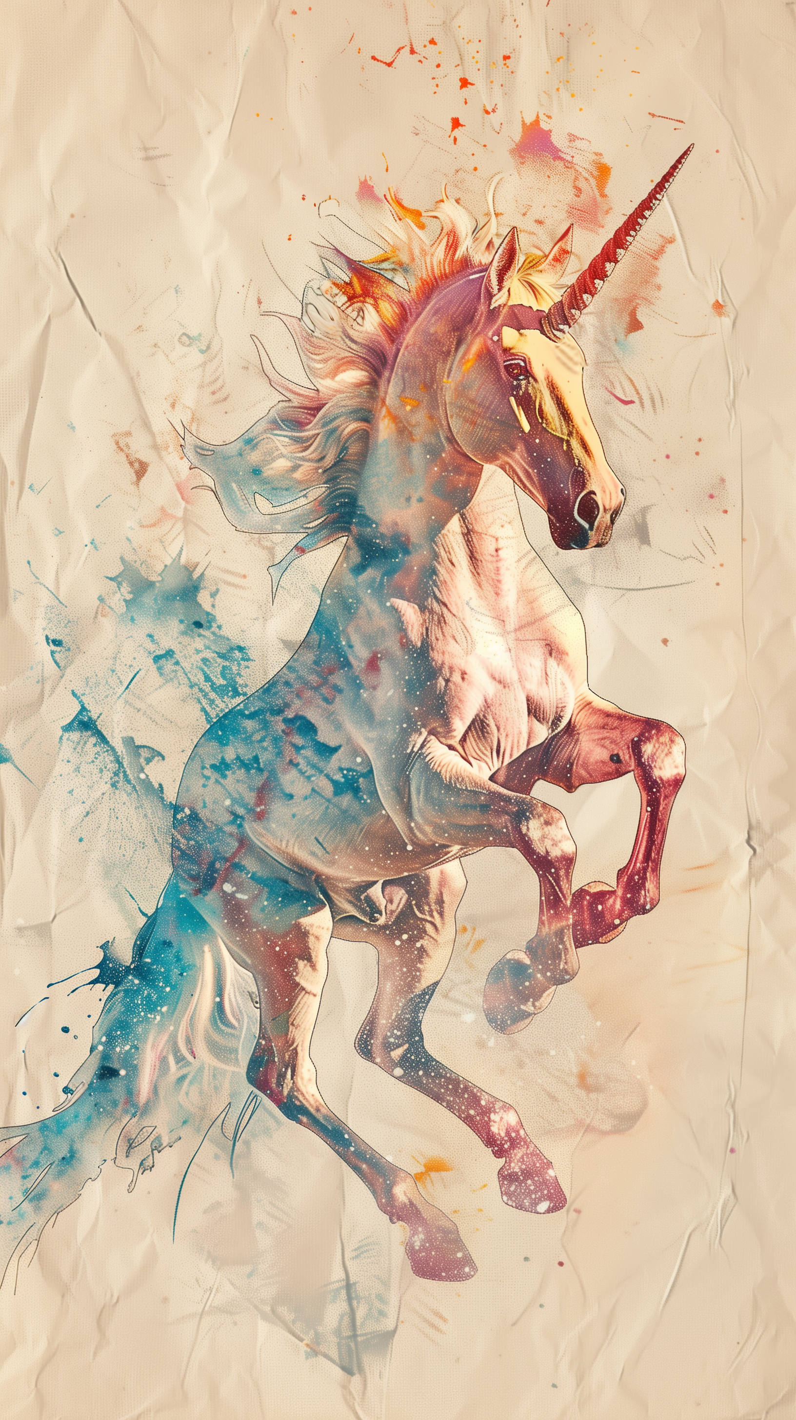 HD Phone/iPhone Wallpaper featuring a majestic unicorn with a colorful, artistic background. The unicorn is rearing on its hind legs, surrounded by splashes of vibrant paint on a textured canvas backdrop.