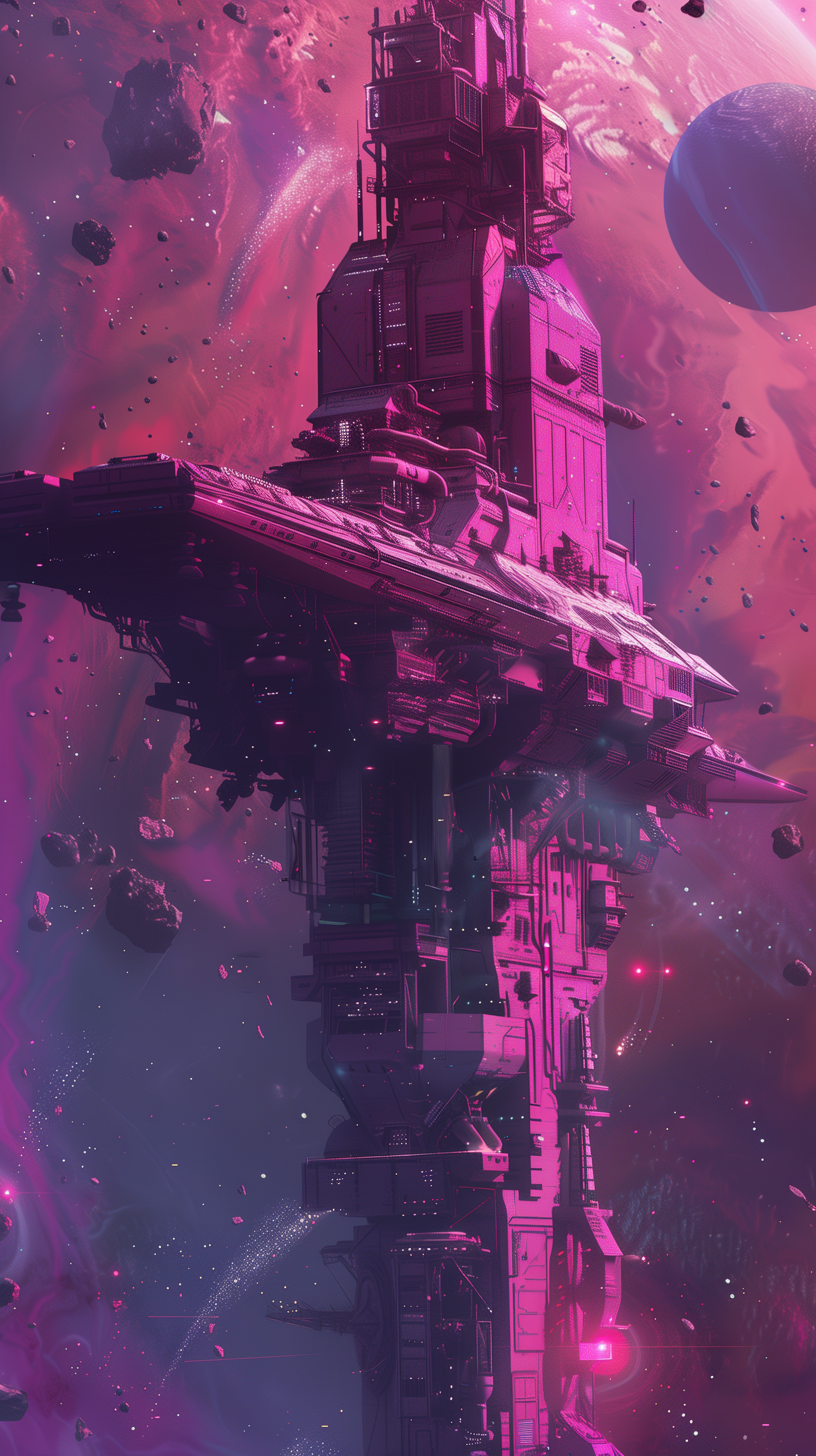 A towering sci-fi space station against a cosmic backdrop featuring planets and asteroids, with vibrant pink and purple hues. This HD image is formatted for iPhone wallpapers.