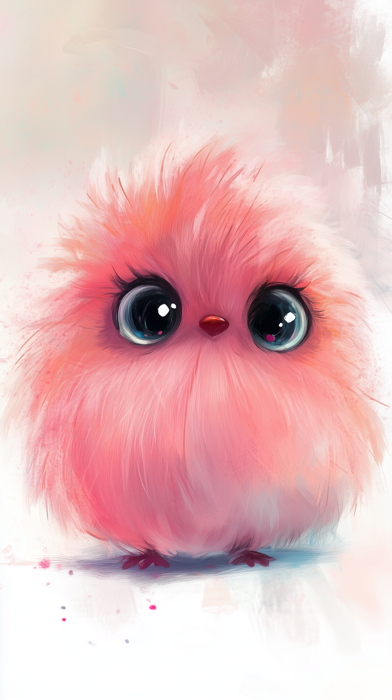 A cute, fluffy pink bird with large, expressive eyes sits against a soft pastel background, making a delightful HD iPhone wallpaper.