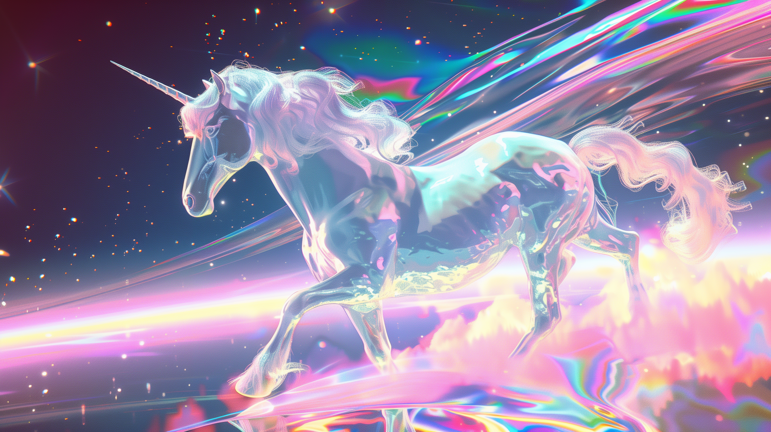 A vibrant HD desktop wallpaper featuring a majestic unicorn, set against a dreamy, colorful background with a shimmer of stars and ethereal light.