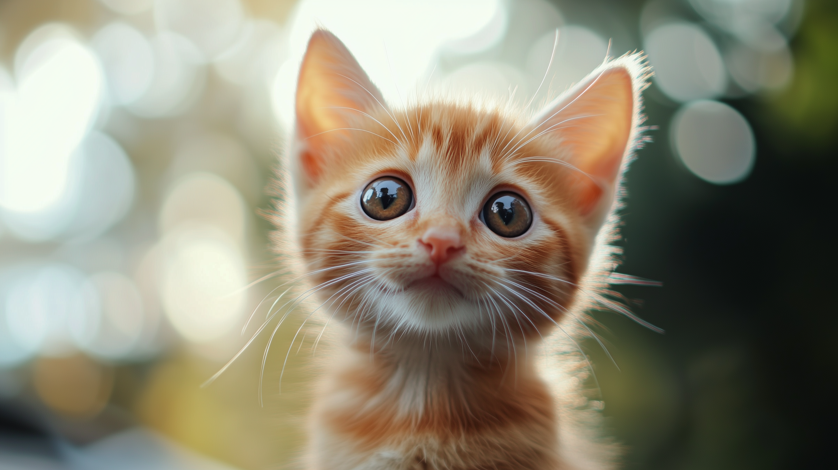 A cute orange tabby kitten with large, expressive eyes gazes into the camera, surrounded by a soft, blurred background of natural light.