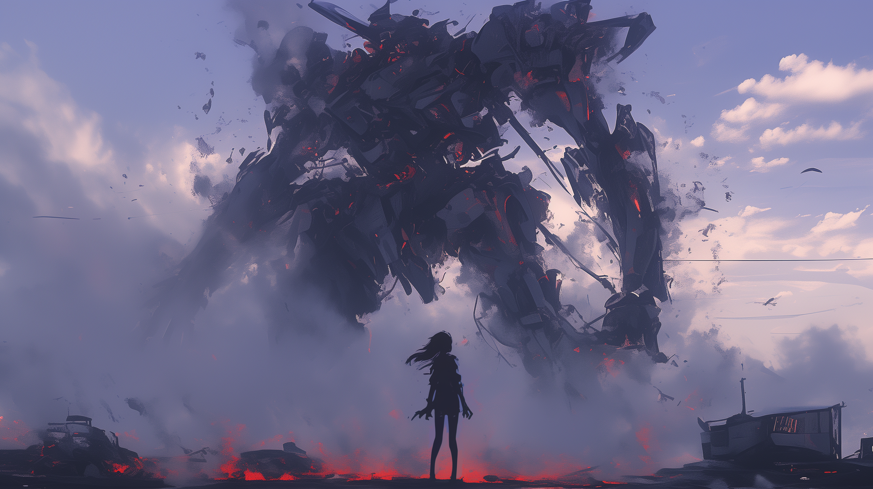 A stunning HD desktop wallpaper featuring a dramatic anime scene with a massive mech towering over a silhouetted figure amidst a fiery, smoky landscape.