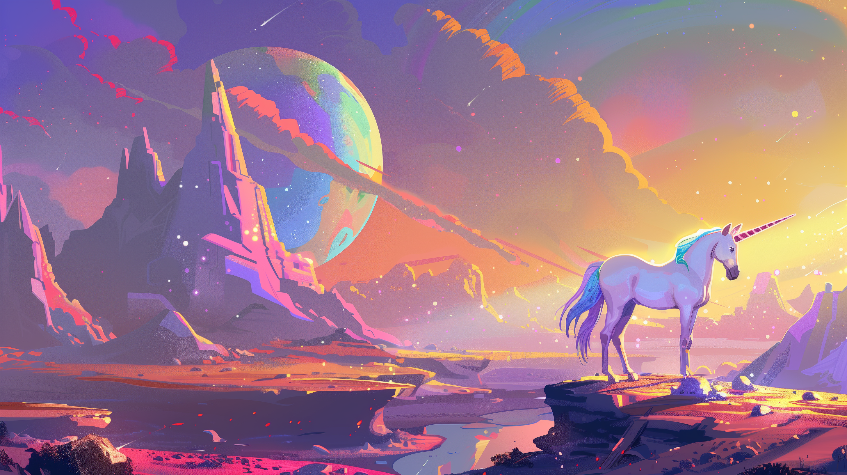 A stunning HD desktop wallpaper featuring a majestic unicorn standing on rocky terrain with a colorful, otherworldly landscape and a large planet in the background.