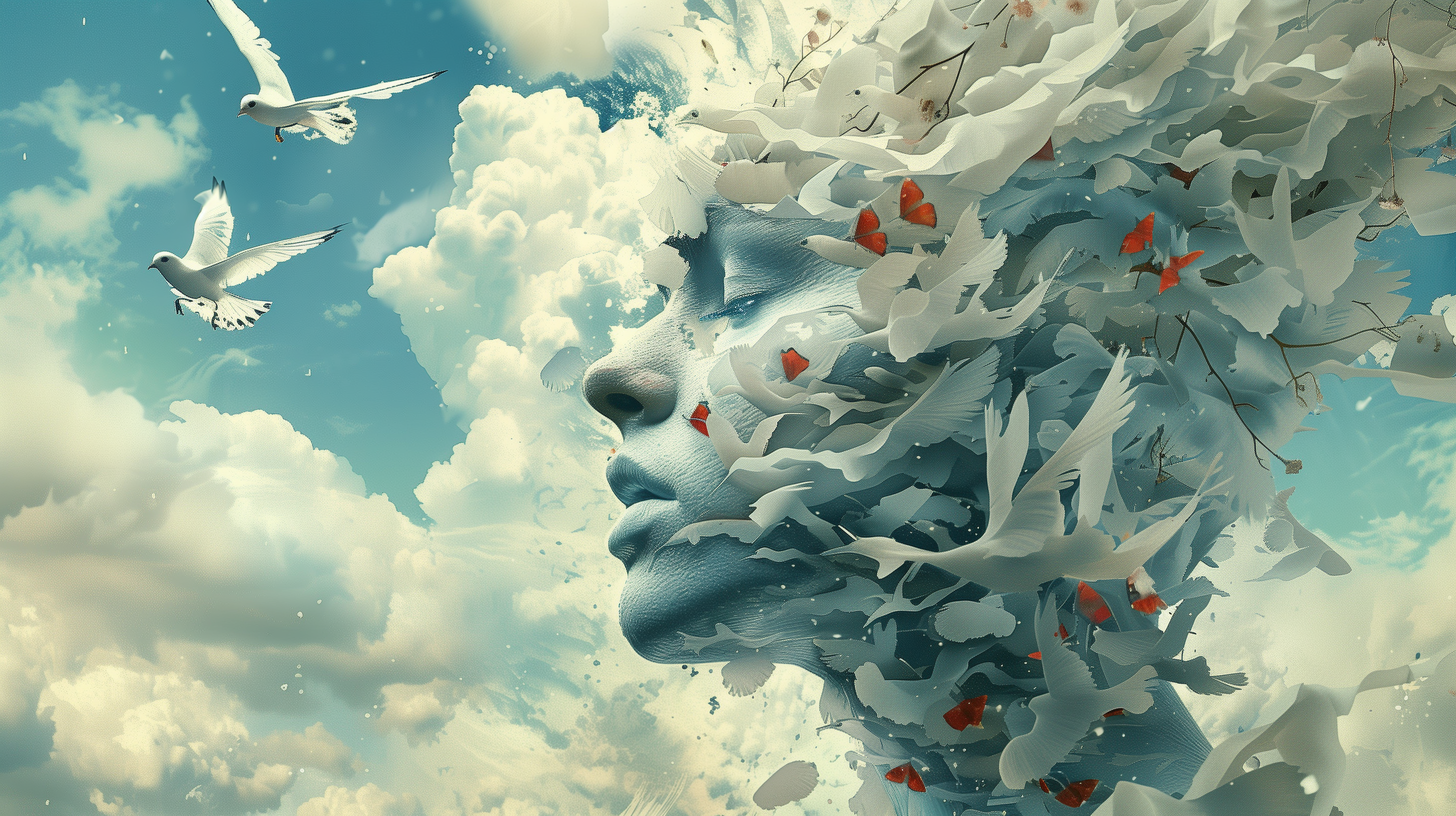 A surreal HD desktop wallpaper depicting a woman's face blending into a sky with clouds, birds, and white and red flowers intertwined.