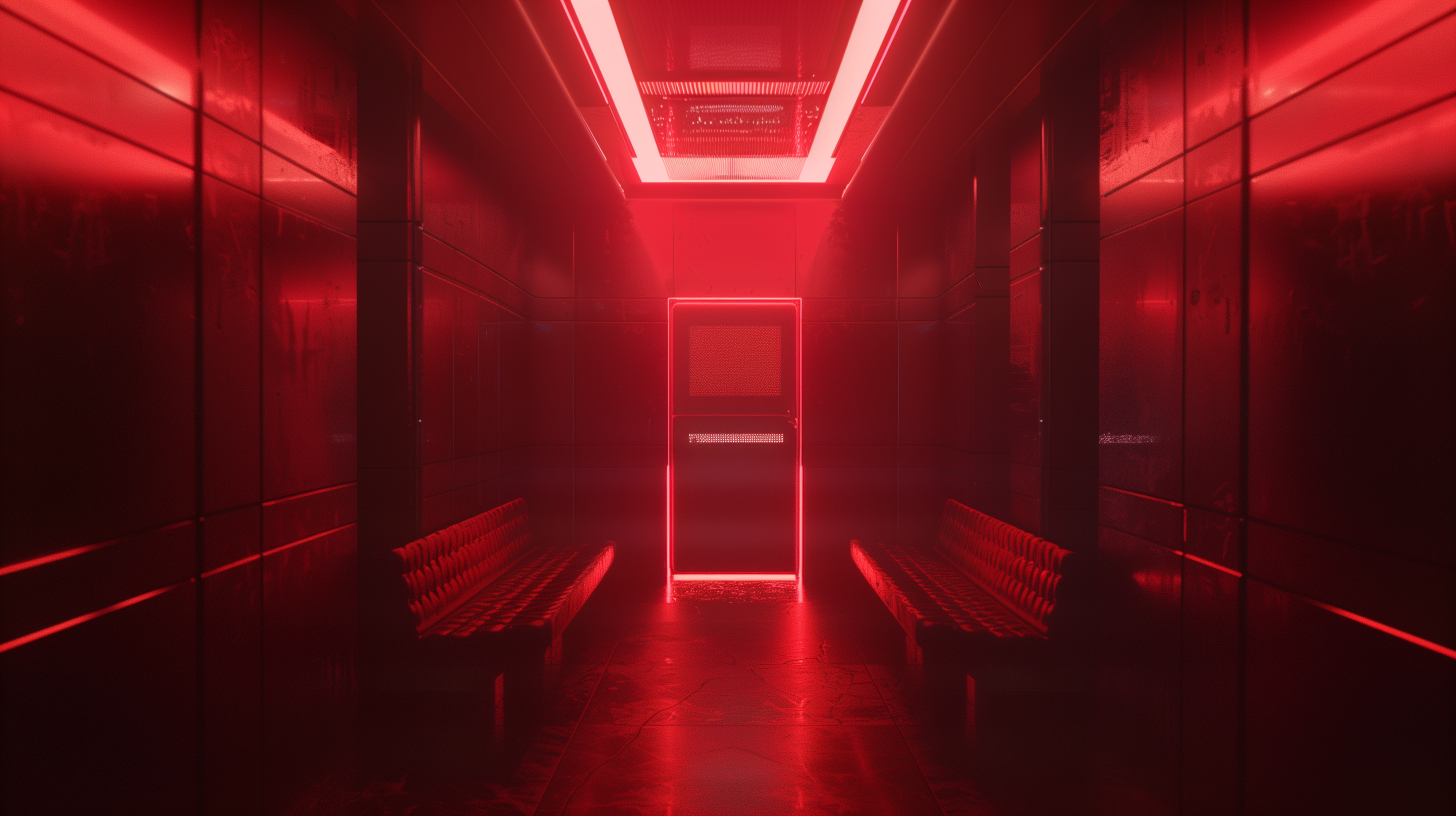 Red-lit room with reflective walls and benches, featuring a door at the end. The ambient lighting creates a moody atmosphere, capturing a modern, sleek aesthetic.