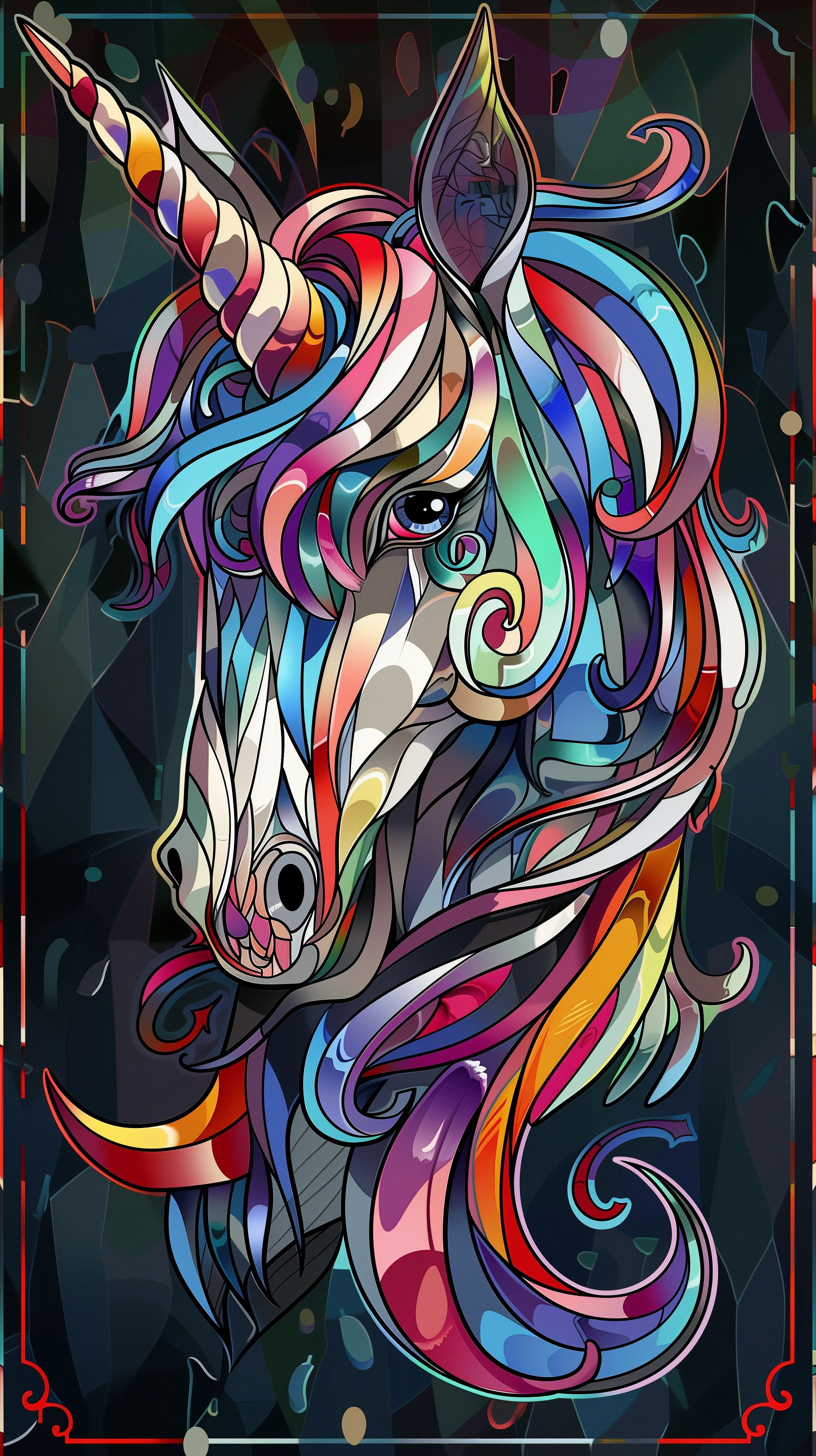 Vibrant stained glass artwork of a unicorn with multi-colored mane and horn, set against a dark, intricate background. HD Wallpaper for iPhone.