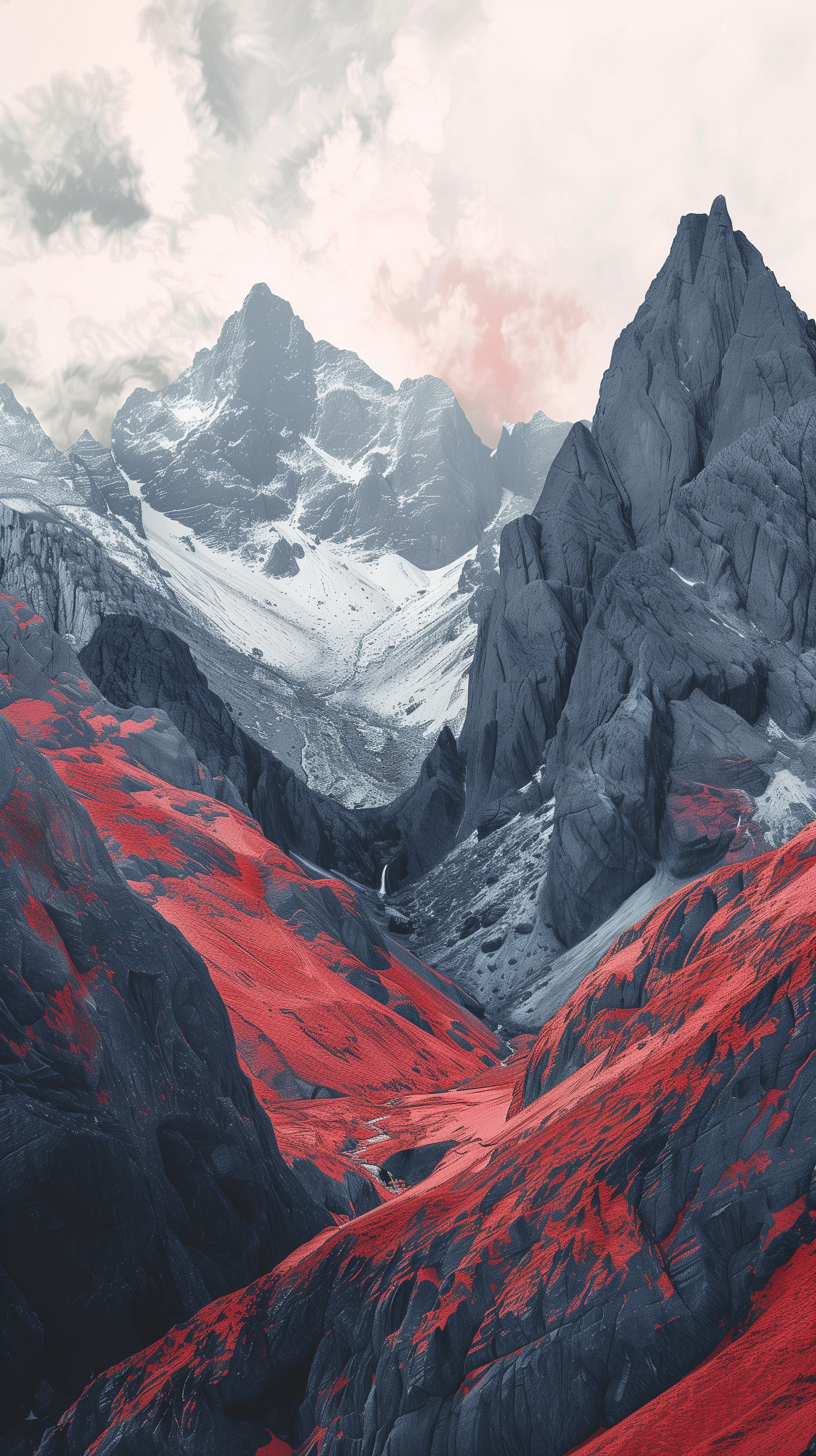 A dramatic mountain range features towering peaks and rugged cliffs, infused with vibrant red tones against a backdrop of soft clouds and snow-capped summits, making a striking HD phone wallpaper.