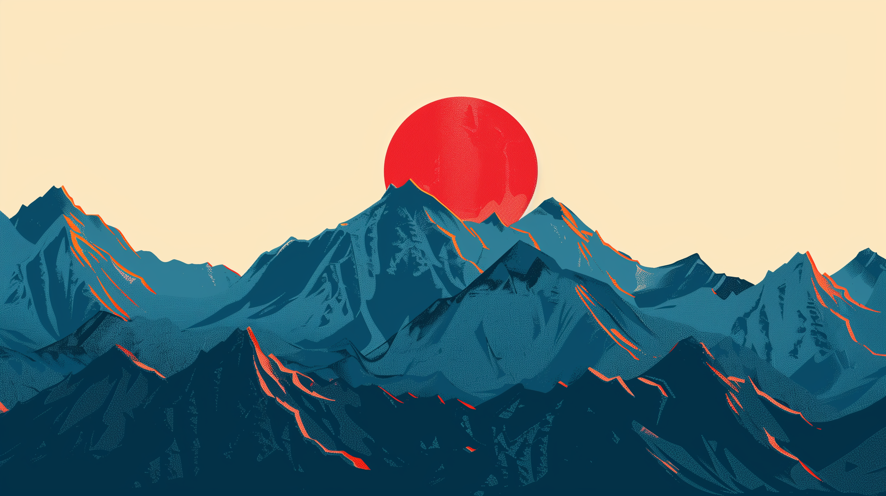 A vibrant sunset casts a large red sun above rugged mountain peaks, with a soft yellow backdrop illuminating the scene, creating a serene and picturesque landscape.