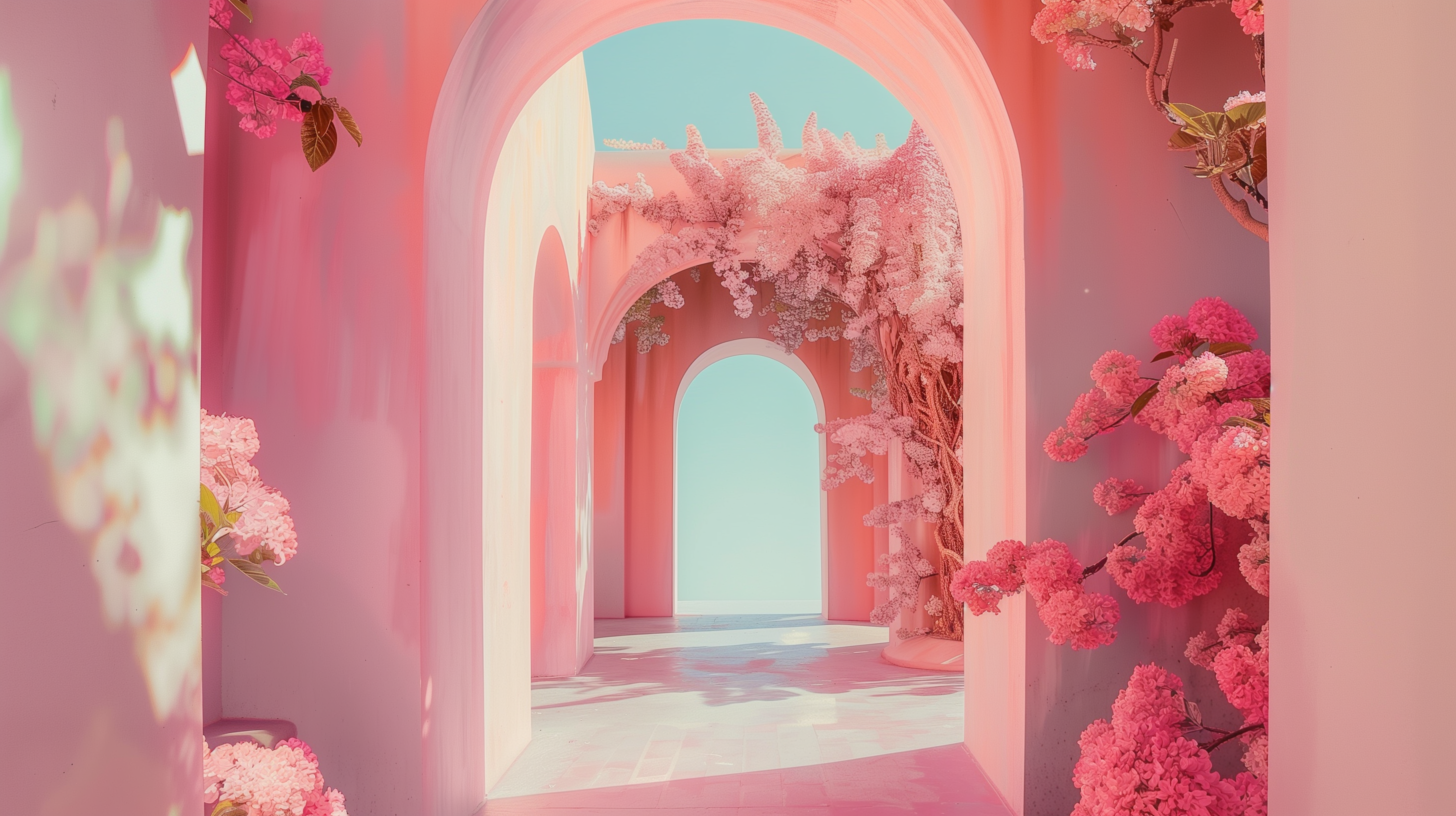 A pink aesthetic HD desktop wallpaper depicting a sunlit walkway adorned with vibrant pink flowers and greenery, framed by softly arching doorways.