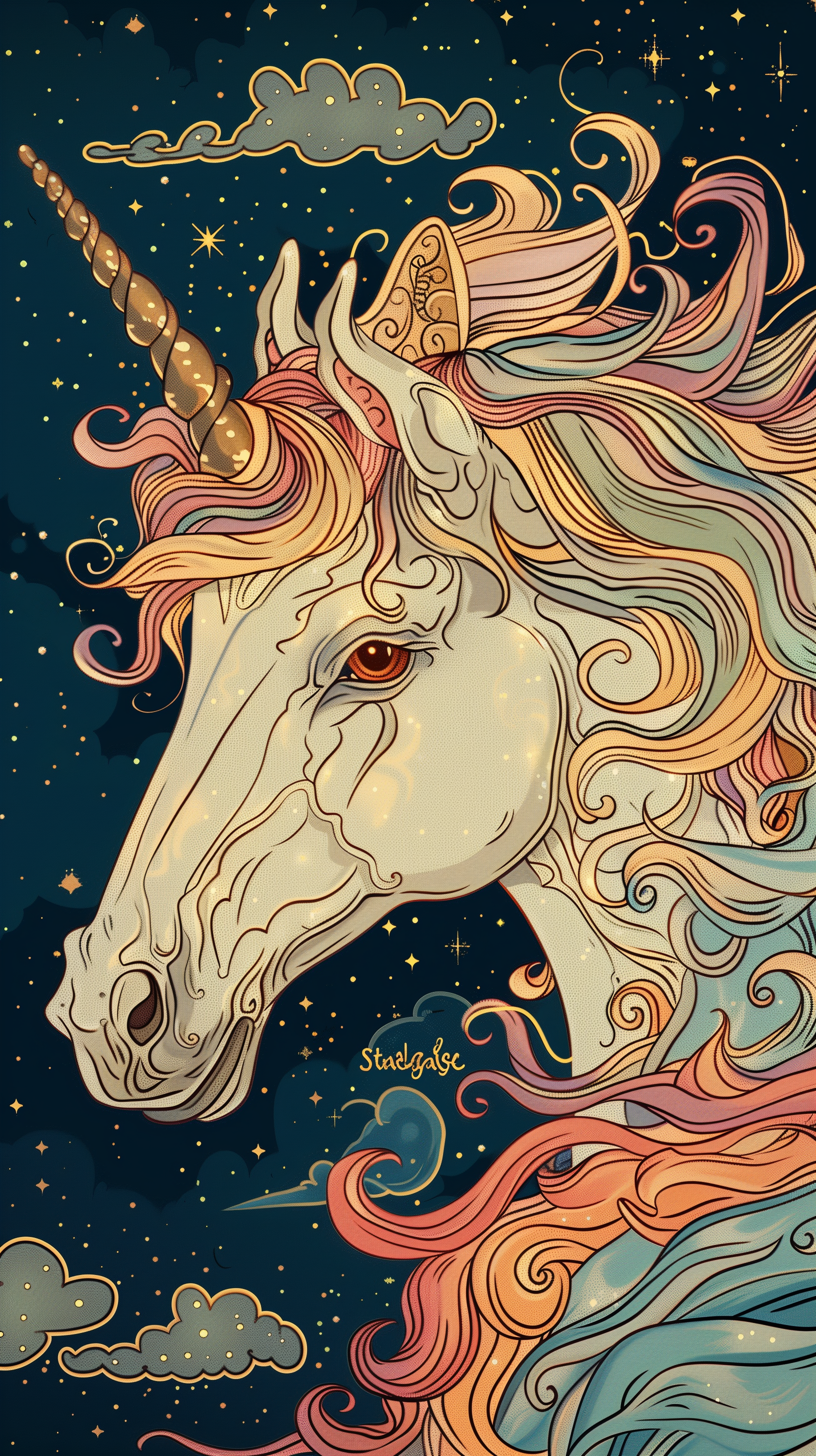 A colorful, artistic illustration of a unicorn with a galaxy background. This HD phone/iPhone wallpaper features the unicorn with a flowing rainbow mane, adorned with stars and clouds.