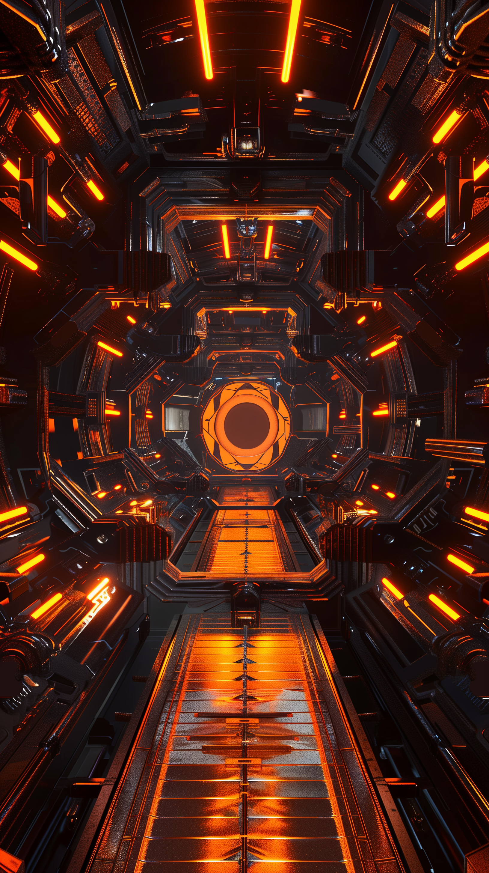 A futuristic tunnel with glowing orange lights and sleek metallic walls, leading to a bright circular opening at the end, creating an immersive and dynamic atmosphere.