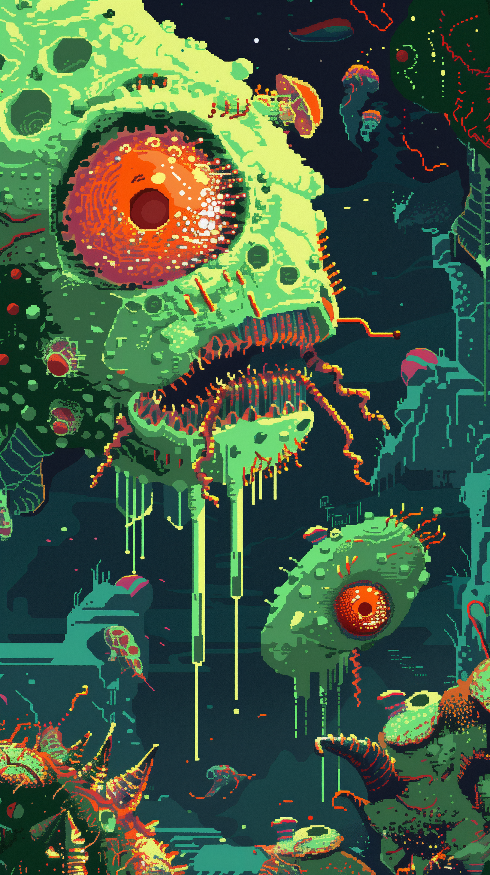 A vibrant, surreal depiction of various bacteria-like creatures, featuring bright green and orange hues, set against a dark, otherworldly background, perfect as a phone wallpaper.