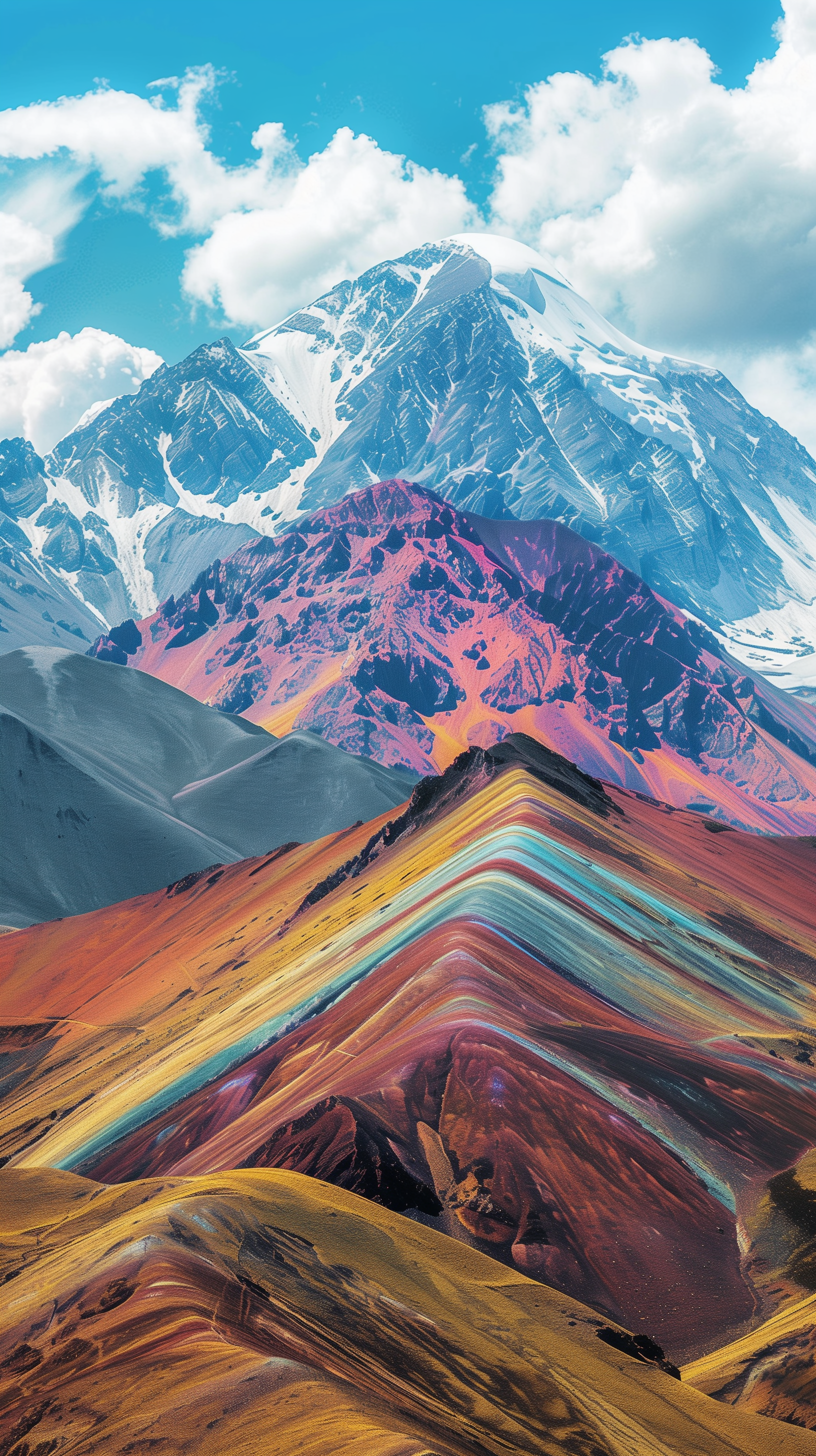 A breathtaking mountain landscape featuring vibrant, colorful ridges in the foreground and a majestic snow-capped peak under a bright blue sky with fluffy clouds.