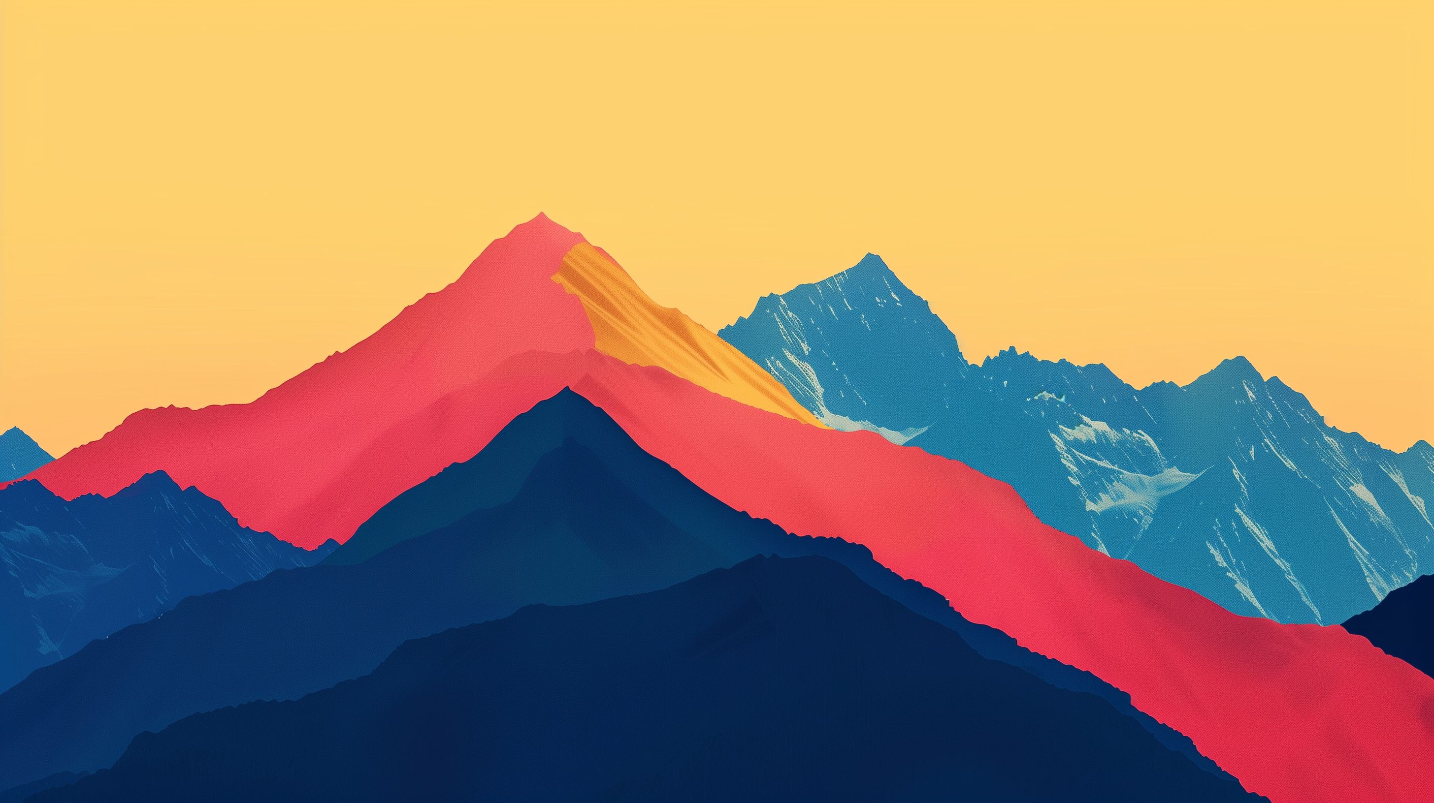 A vibrant mountain range features bold colors of red and blue set against a soft yellow sky, creating a striking aesthetic wallpaper for a desktop.