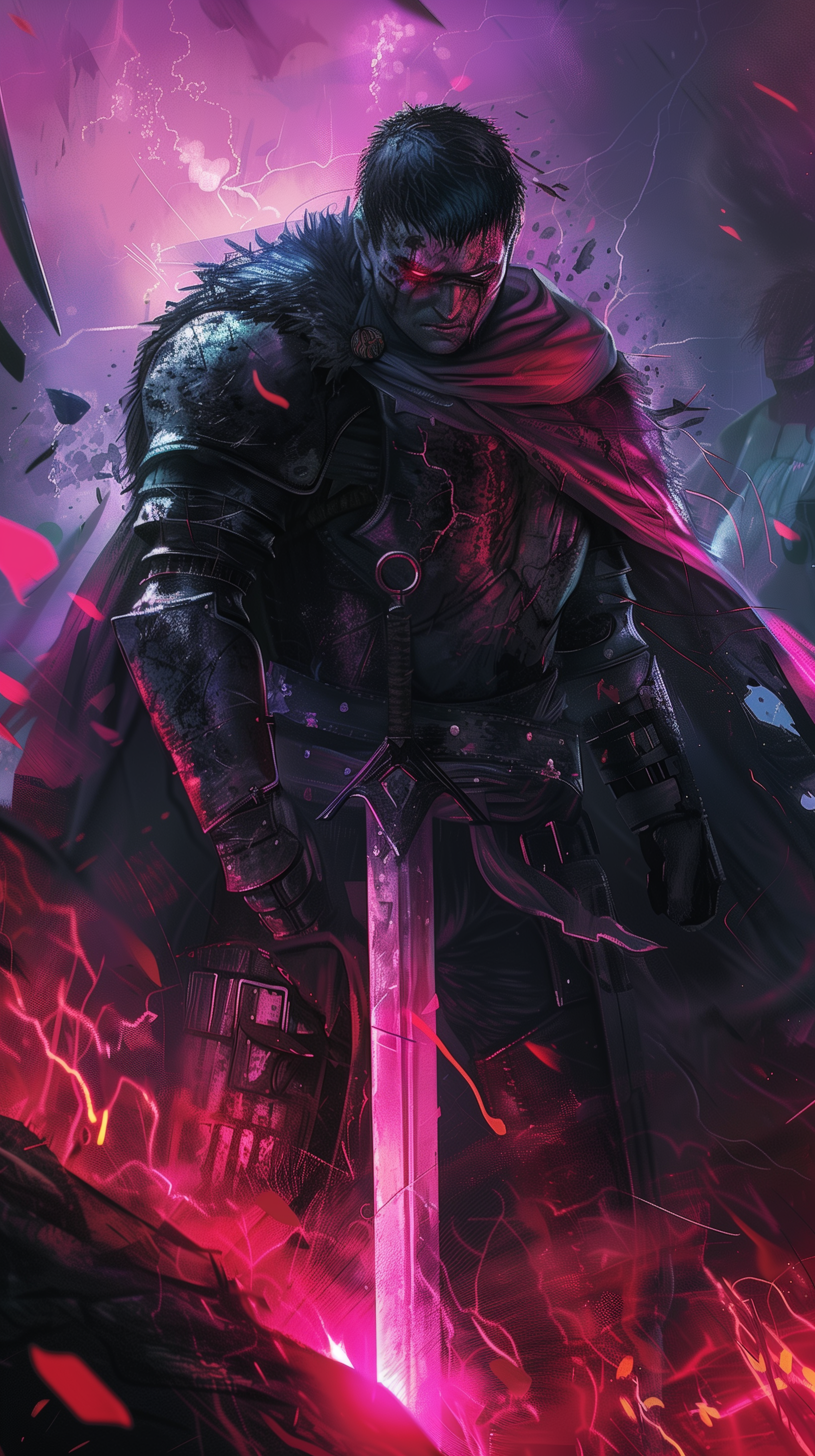 A powerful warrior stands amidst a backdrop of swirling purple and red energy, gripping a glowing sword, exuding a dark, intense presence reminiscent of Berserk themes.