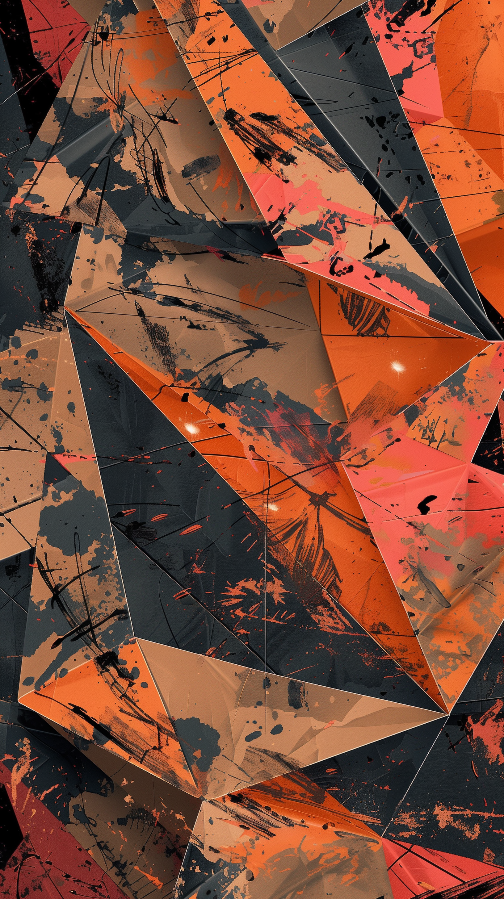 An abstract design featuring folded shapes in vibrant oranges, deep blacks, and hints of gray, showcasing dynamic textures and a modern aesthetic, suitable for a phone wallpaper.