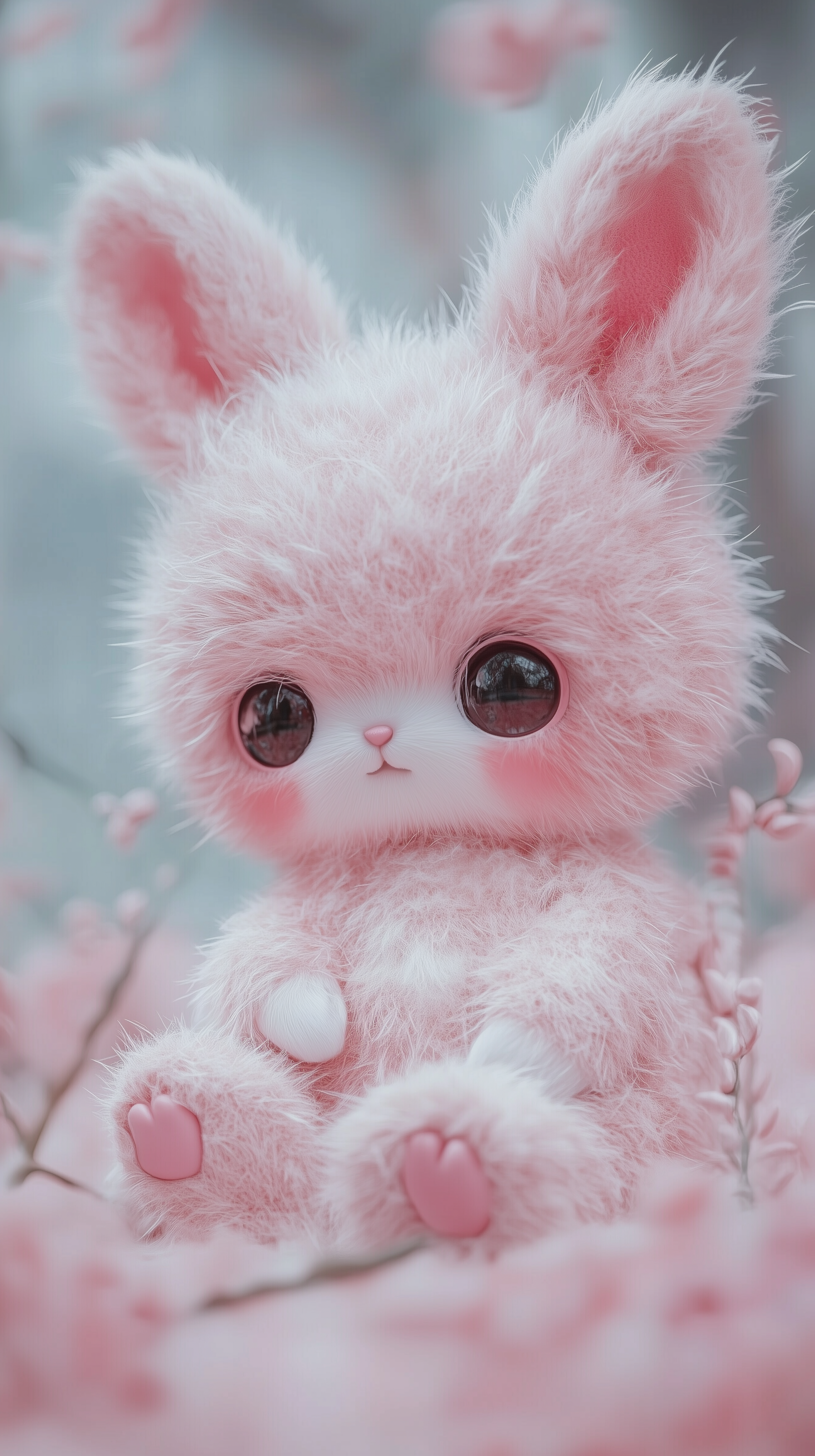 A cute pink bunny plush with big eyes sits amidst soft pink flowers, creating a charming and fluffy aesthetic perfect for an HD phone wallpaper.